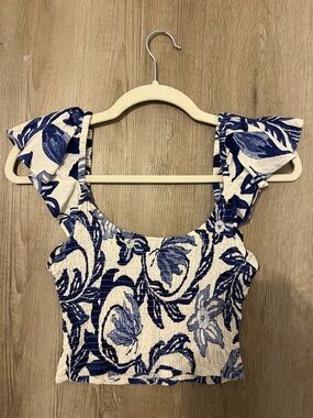 H&M Blue and White Floral Ruffle Top